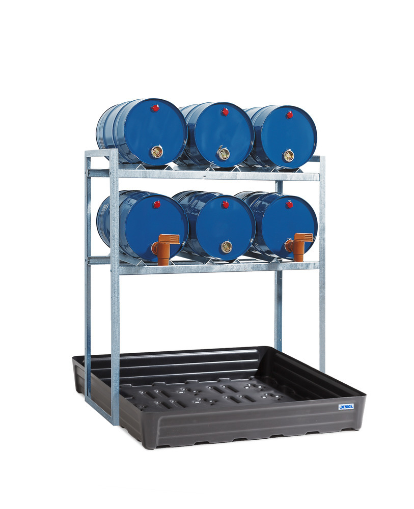 Drum rack FR-K 6-60 for 6 x 60 litre drums, with spill pallet in polyethylene (PE)