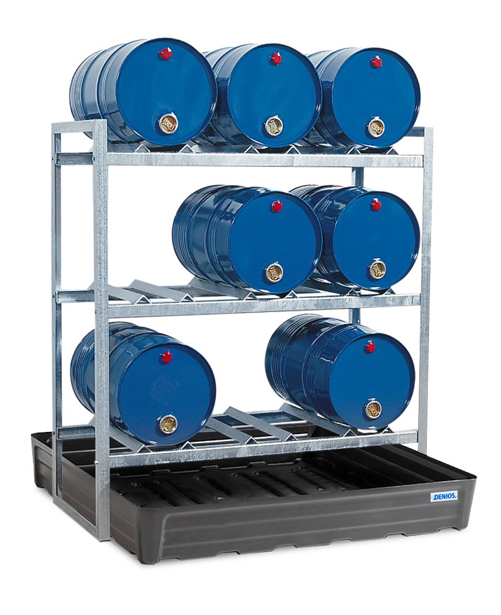 Drum racking FR-K9-60, for 9 x 60 litre drums, with polyethylene sump pallet