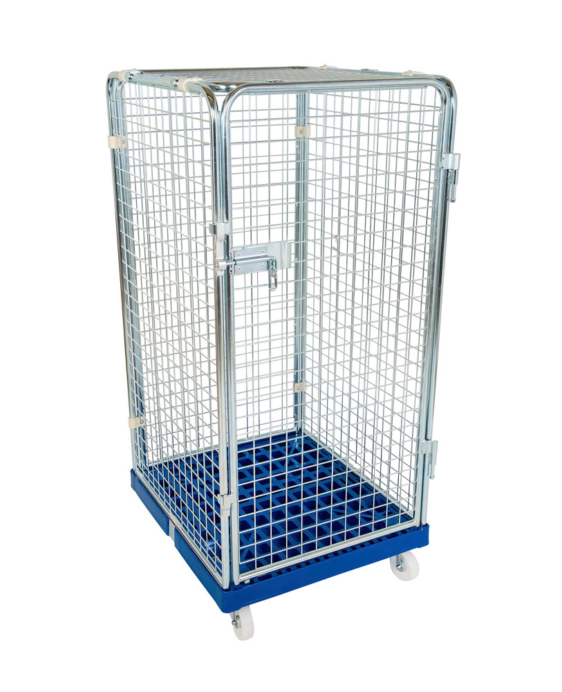 Roll box pallet anti-theft, with plastic base, 5-sided, with 1 door, 724 x 815 x 1550 mm