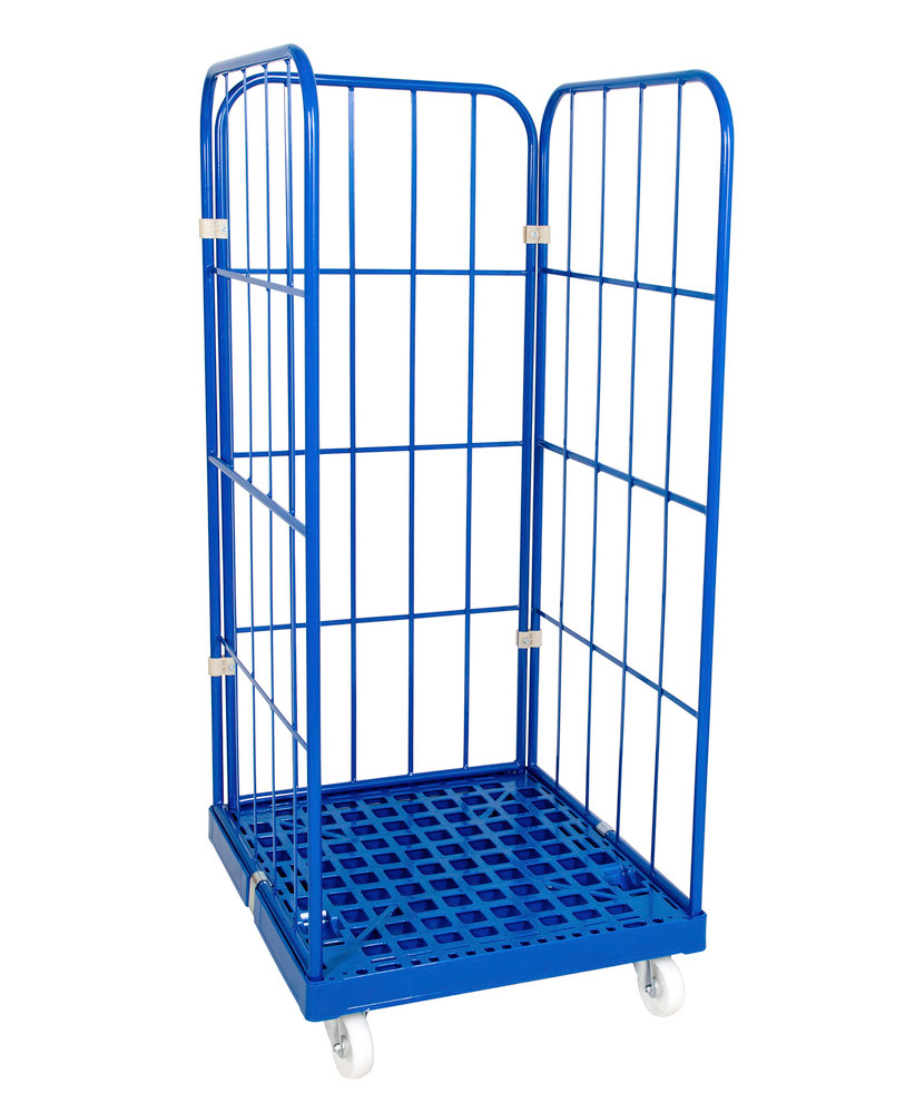 Rollbehälter mit Kunststoffplatte, blau, 3 Gitterwände, 724 x 815 x 1650 mm