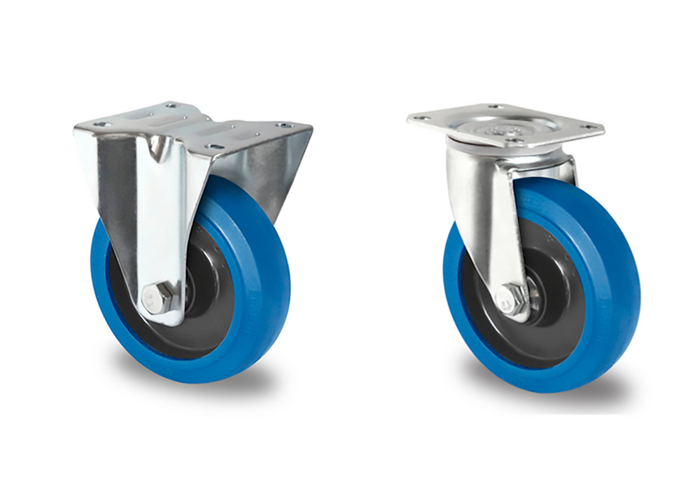 Lisähinta pyöräsarjalle PA/elast., 2 kääntyvää ja 2 kiinteää pyörää ø 108 mm, pohja sininen