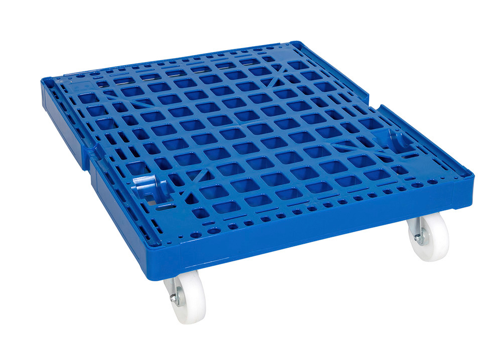 Support sur roulettes en plastique bleu, 724 x 815 mm, roulettes PP, charge max : 500 kg