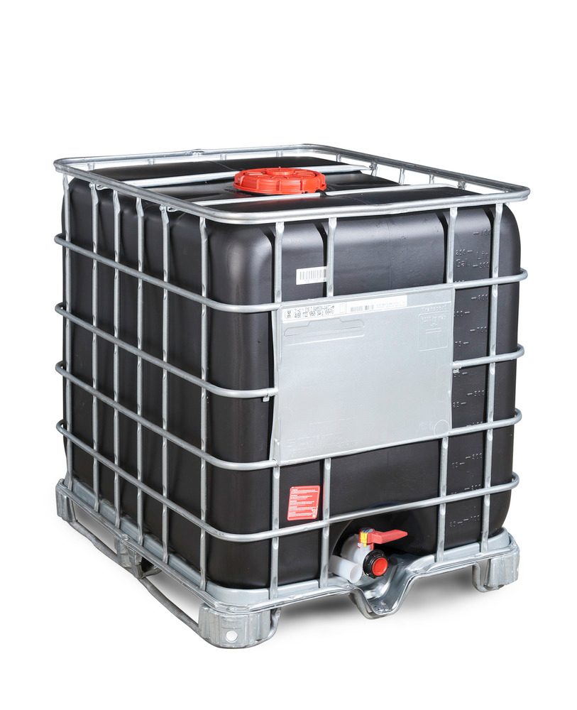 Recobulk IBC hazard. goods container, UV protect, steel runner 1000 litre, NW225 opening, NW50 drain