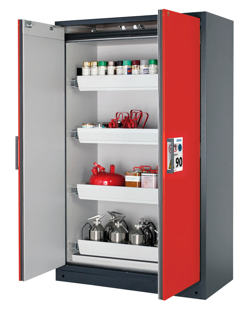 asecos fire-rated hazardous materials cabinet Select W-124, 4 slide-out spill trays, doors red
