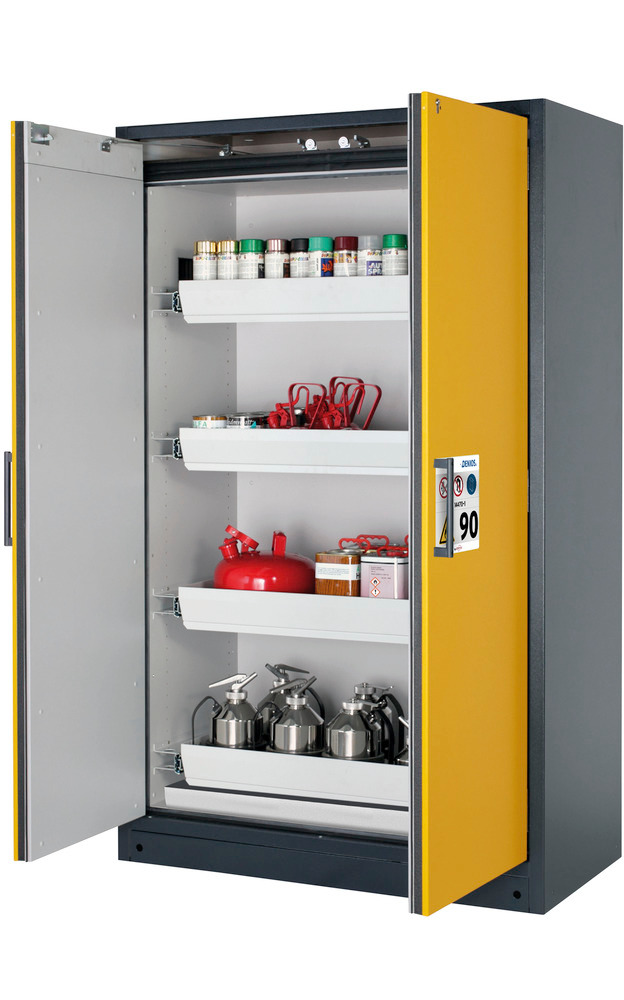 Tűzálló veszélyes anyag tároló szekrény Select W-124, 4 kihúzható kármentő tálca, sárga ajtó
