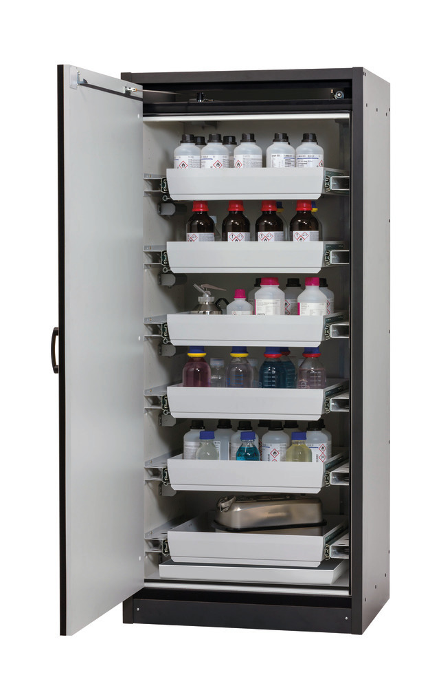 asecos fire-rated hazmat cabinet Basis-Line, anthracite/silver, 6 slide-out spill trays Model 30-96L