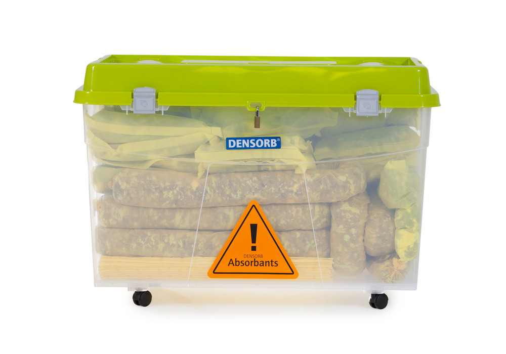 Kit d'absorbants anti-pollution DENSORB, absorbants en box sur roulettes transparent, « spécial »