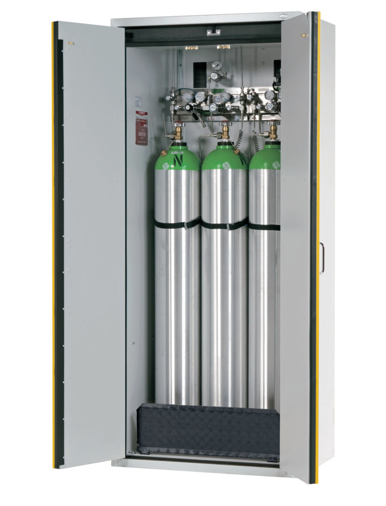 asecos Feuerbeständiger Gasflaschenschrank G30.9, 900 mm breit, 2-flügelige Tür, grau/gelb