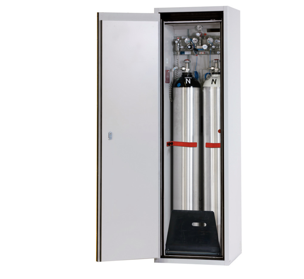 asecos fire-rated gas cylinder cabinet G90.6-2F, 600 mm wide, door opening left, grey/yellow