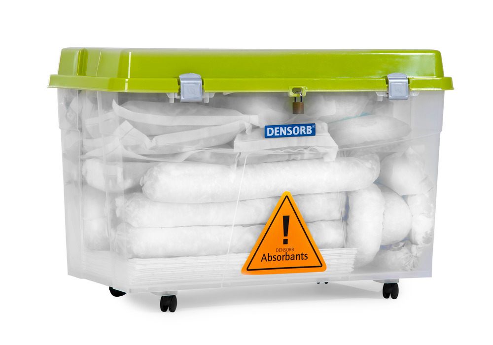 DENSORB Emergency Spill Kit in Transparent Box with castors, application OIL