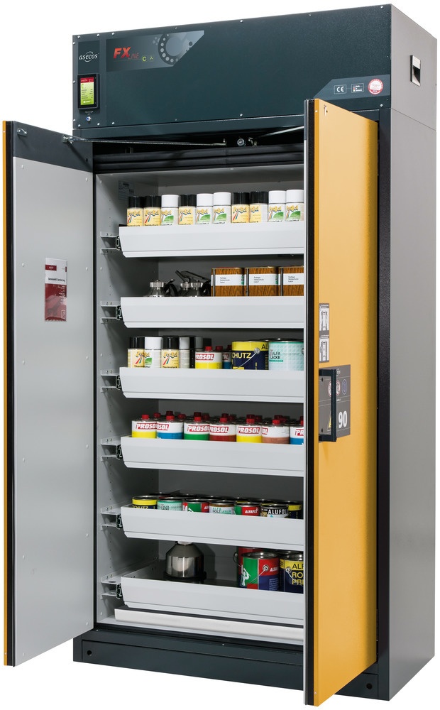 Fire-rated vent. HazMat cabinet Custos, doors yellow, with 6 slide-out spill trays, Model E-126