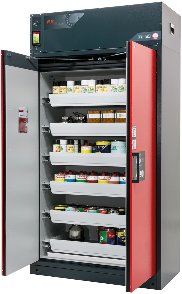 Fire-rated vent. HazMat cabinet Custos, doors red, with 6 slide-out spill trays, Model E-126