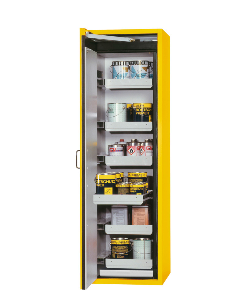 asecos fire-rated hazmat cabinet Edition, 6 slide-out spill trays, door hinged left, yellow