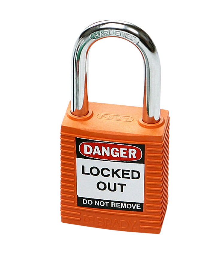 Lucchetto di sicurezza con arco in acciaio arancione, con sistema a chiave diversa