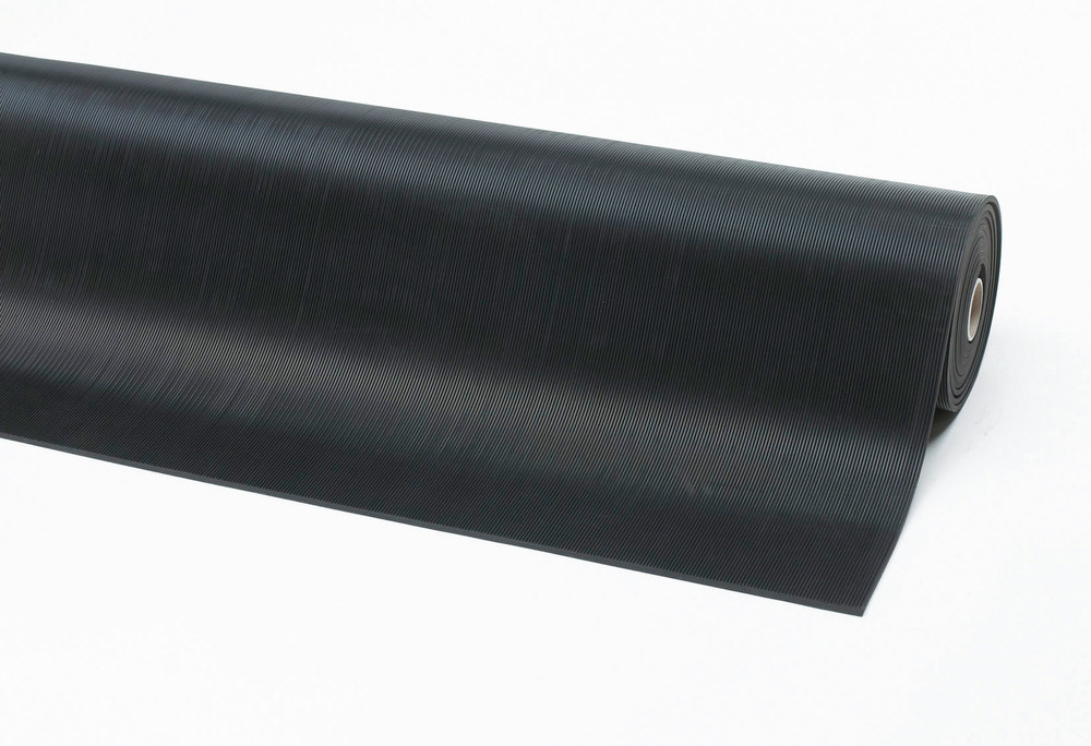 Halksäker gångmatta av gummi med finribbor, 100 cm x 10 m, svart