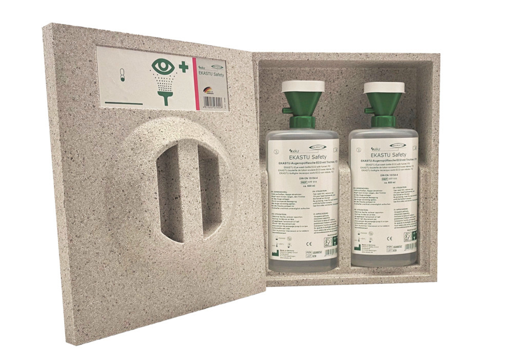 Nástenný box so sivým vekom, pre 2 fľaše na vyplachovanie očí (každá po 600 ml), rozmery Š x V x V (mm): 270 x 85 x 310, bez fľaše