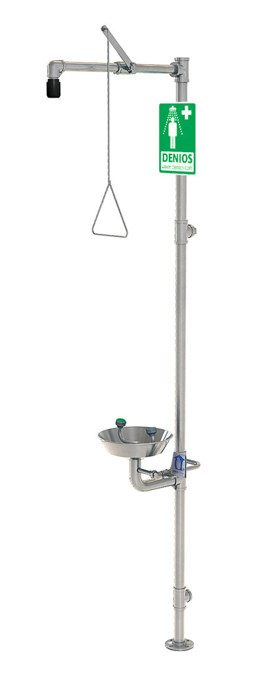 Full body and eye shower, G 1991, made from stainless steel, with basin for the eye and face shower