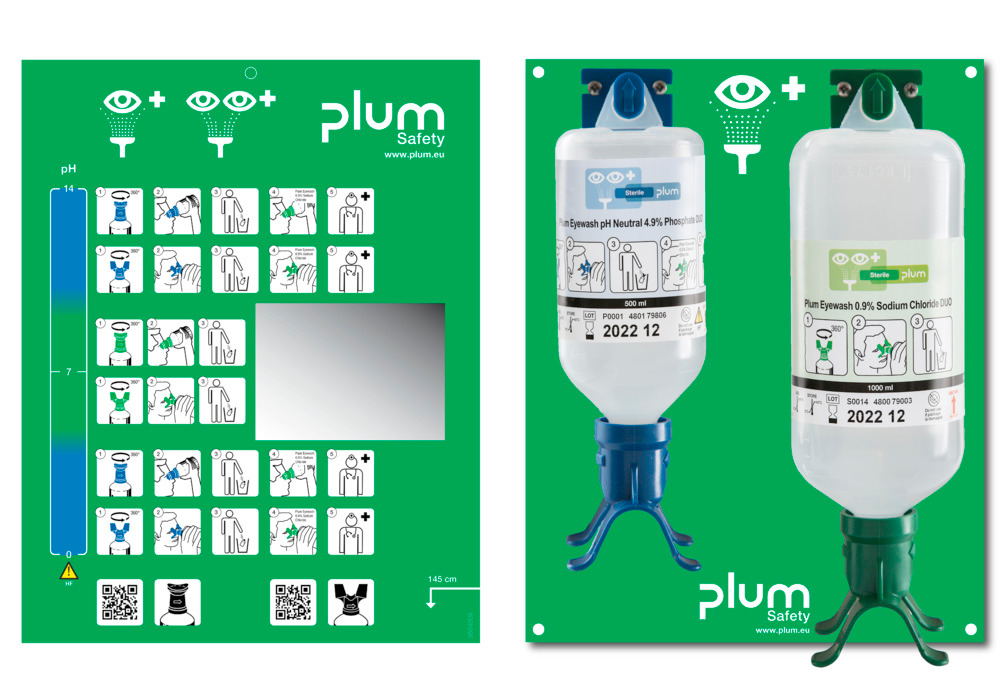 Wall mounted unit with 2 eye rinse bottles, 500 ml pH neutral solution and 1000 ml