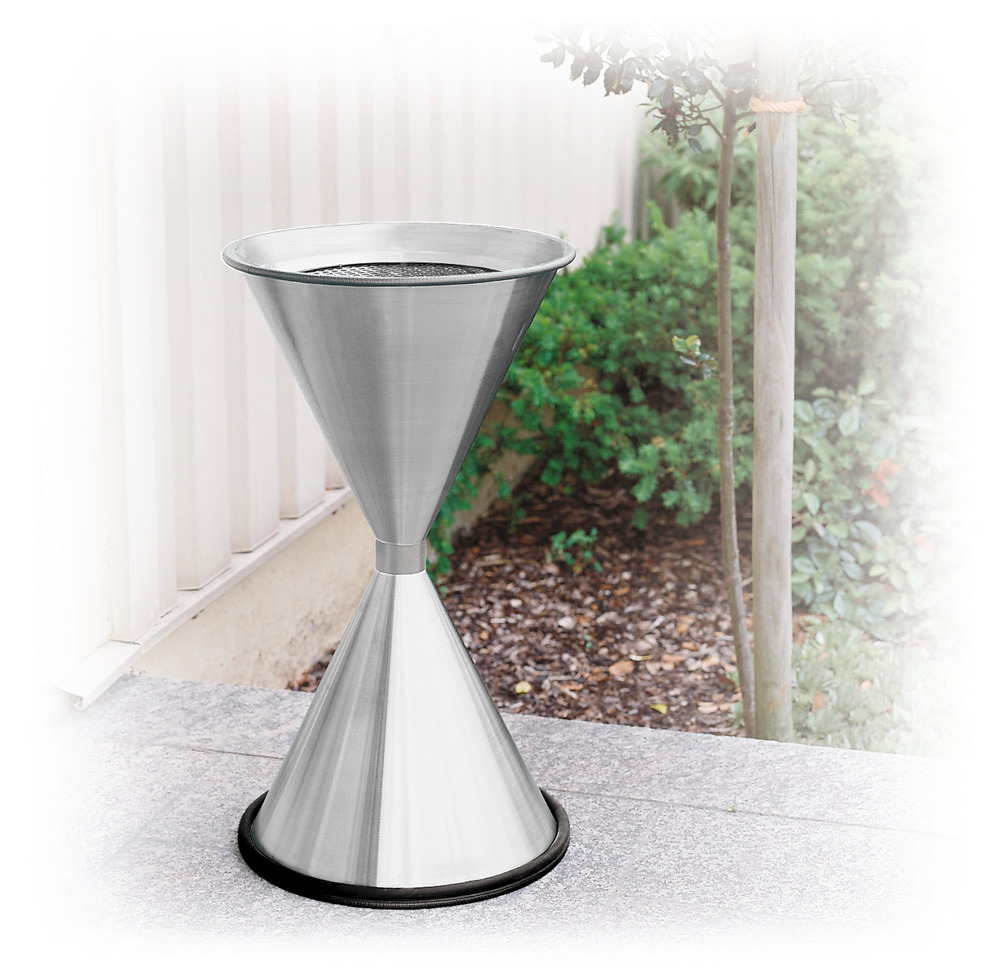 Conical free-standing ashtray, quality steel plate with galvanized metal filter, stainless steel