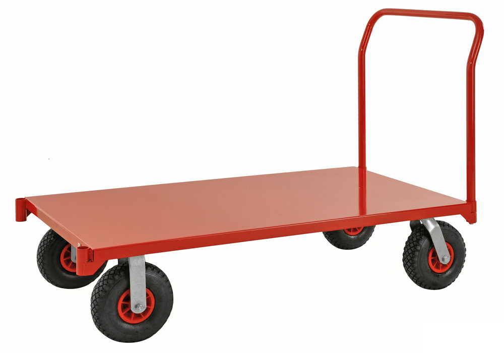 Grande carrello KM con piattaforma, riv. a polvere rosso, L 1550 mm, portata 1200 kg, 4 ruote pneum.