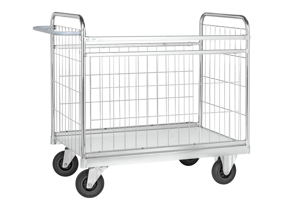 Balíkový vozík typ KM, zinkovaný, mřížové boční stěny, nosnost 300 kg, gumová kolečka, brzda