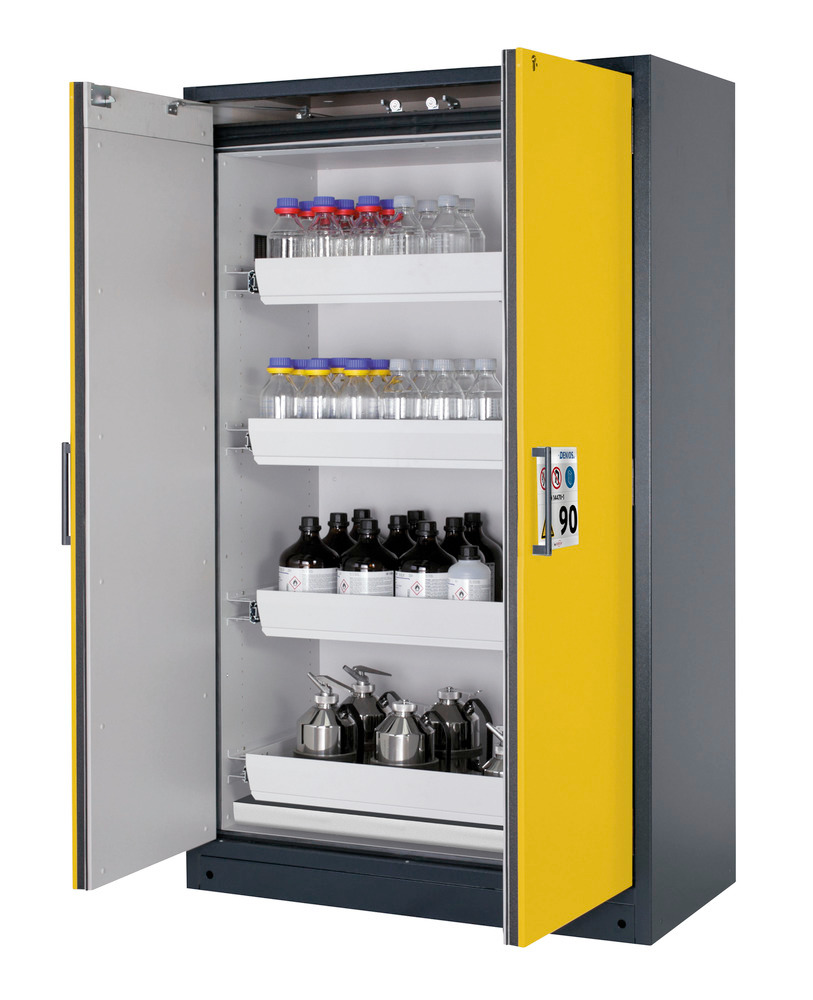 asecos fire-rated hazmat cabinet Select W-124-O one touch, 4 slide-out spill trays, doors yellow