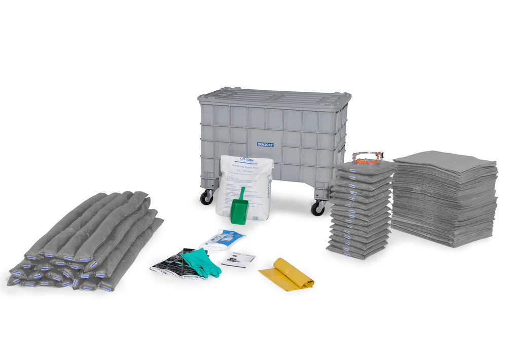 DENSORB Emergency Spill Kit in Storage Box with Lid and Castors, application UNIVERSAL
