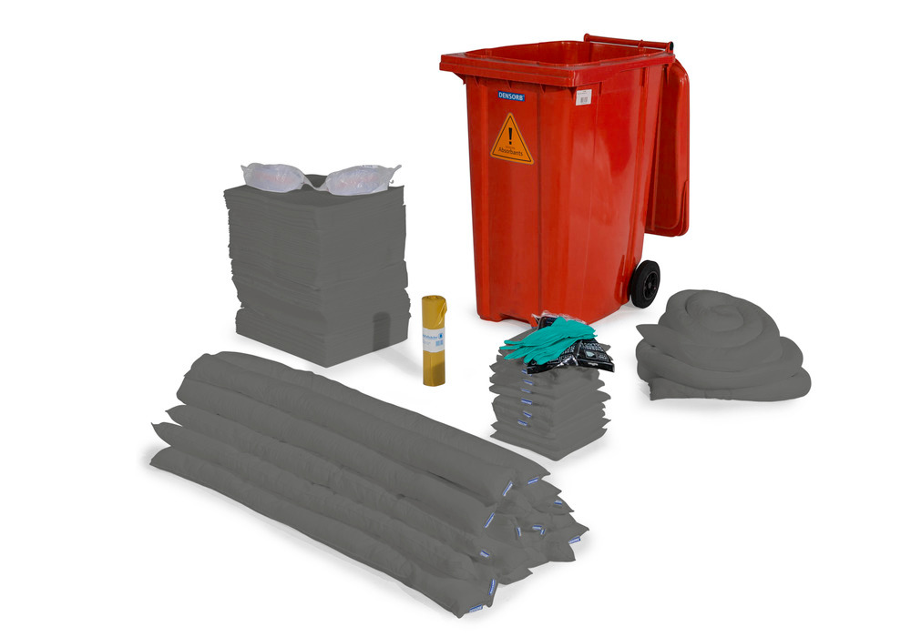 Kit de absorventes Universal DENSORB em contentor do lixo vermelho com rodas de 360 litros