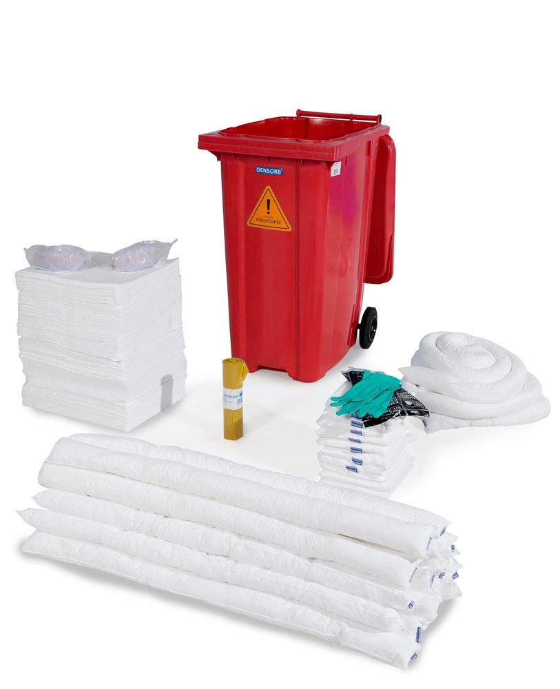 DENSORB emergency spill kit, absorbent materials in red wheelie bin B 36, application Oil