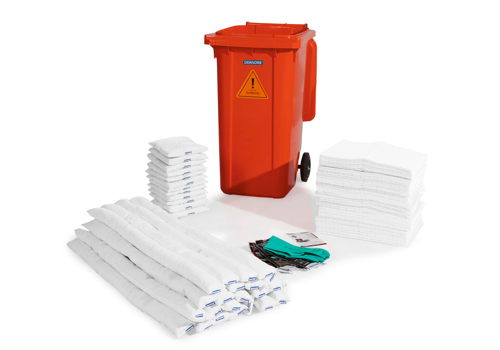 DENSORB emergency spill kit, absorbent materials in red wheelie bin B 24, application Oil