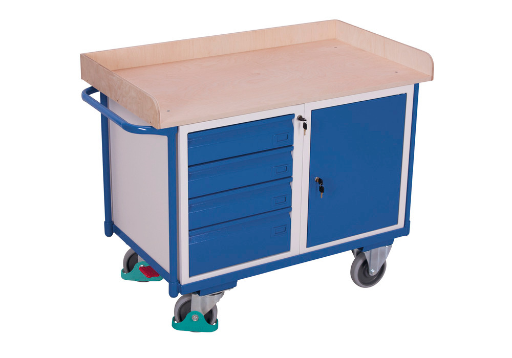Dílenský vozík, pracovní deska z bukové překližky, 4 zásuvky a skříňka