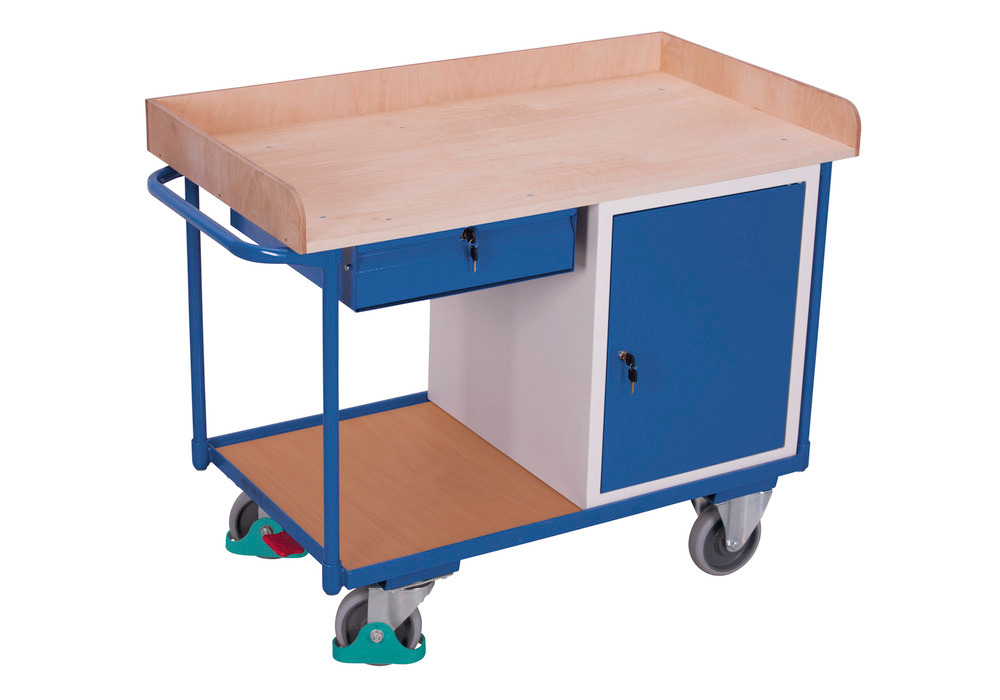 Dielenský vozík, 2 odkladacie plochy, pracovná doska z bukovej preglejky, skrinka, zásuvky