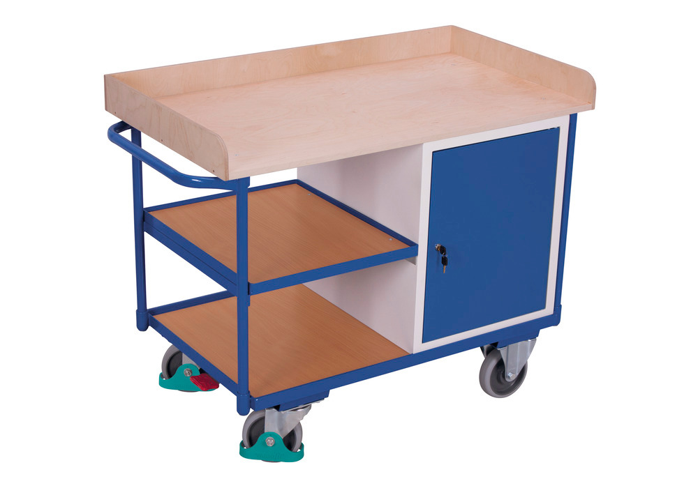 Dílenský vozík, 3 odkládací plochy, pracovní deska z bukové překližky, skříňka