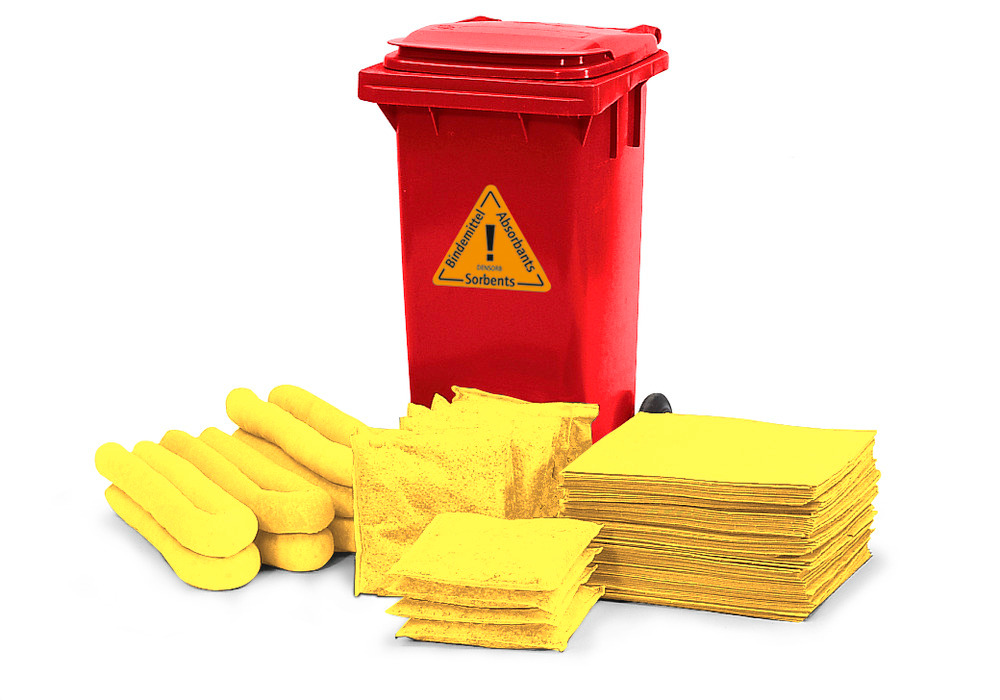 Set de absorbentes Especial (incluidos corrosivos) en contenedor de basura rojo con ruedas de 120 l