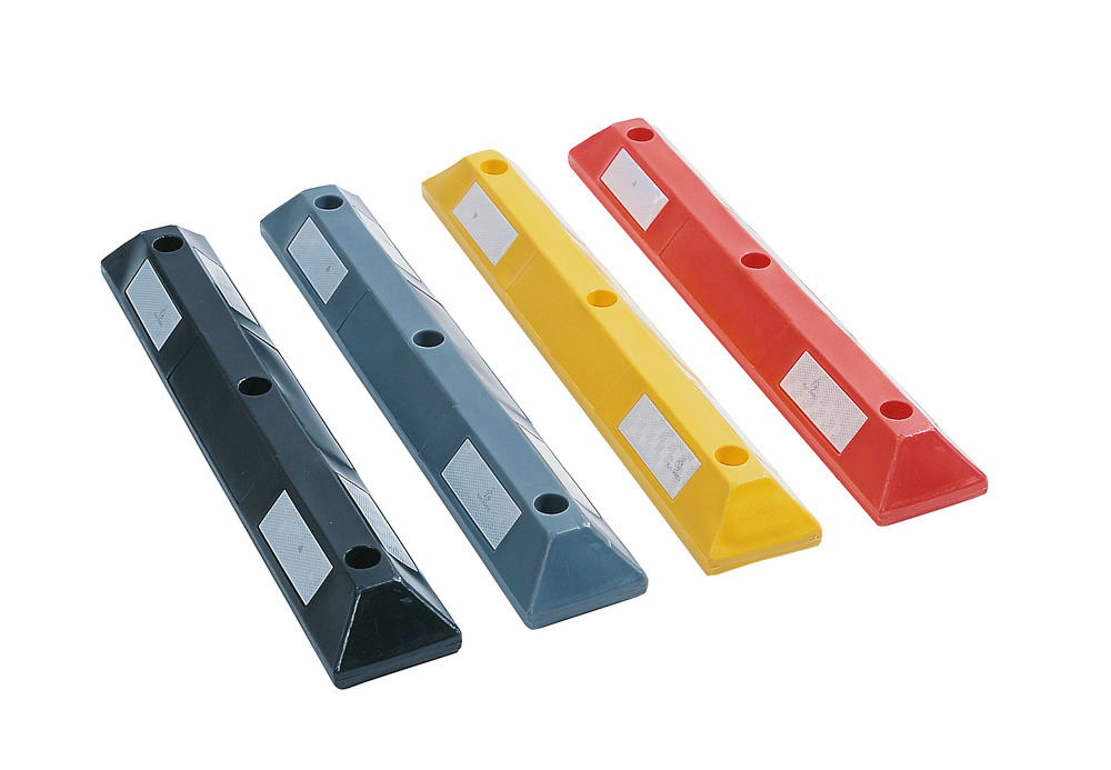 Parking bay markers and wheel stops are available in 4 colours and 2 lengths