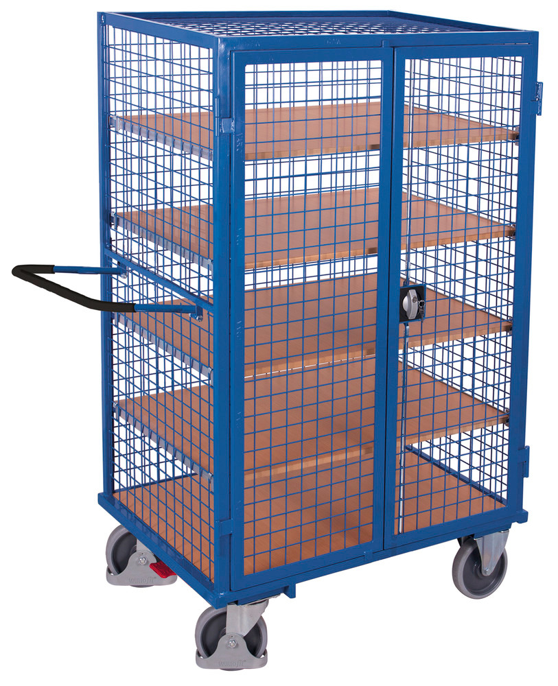 Mesh trolley with 2-wing door and espagnolette lock, 5 shelves, EasySTOP, 1245 x 785 mm