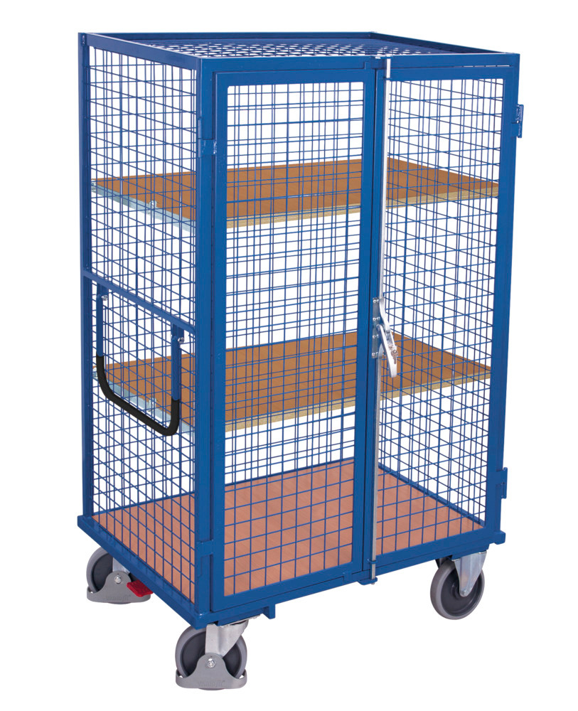 Mesh trolley with 2-wing door and espagnolette lock, 3 shelves, EasySTOP, 1245 x 785 mm