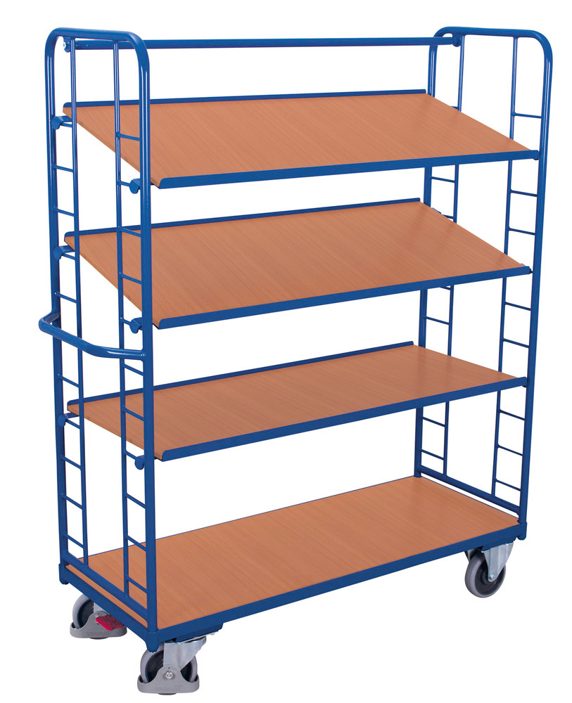 Steel tiered trolley, 4 shelves, 3 tiltable, EasySTOP, height 1855 mm