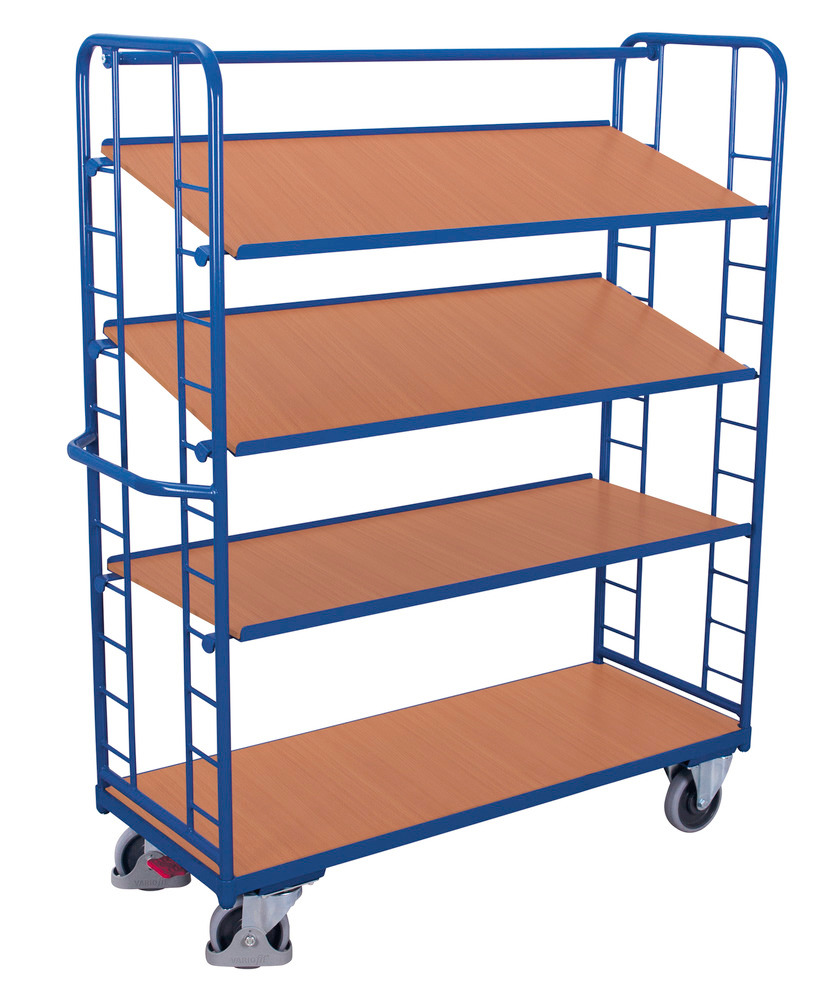 Steel tiered trolley, 4 shelves, 3 tiltable, EasySTOP, height 1815 mm