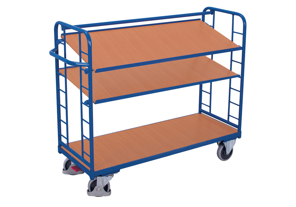 Steel tiered trolley, 3 shelves, 2 tiltable, EasySTOP, height 1275 mm