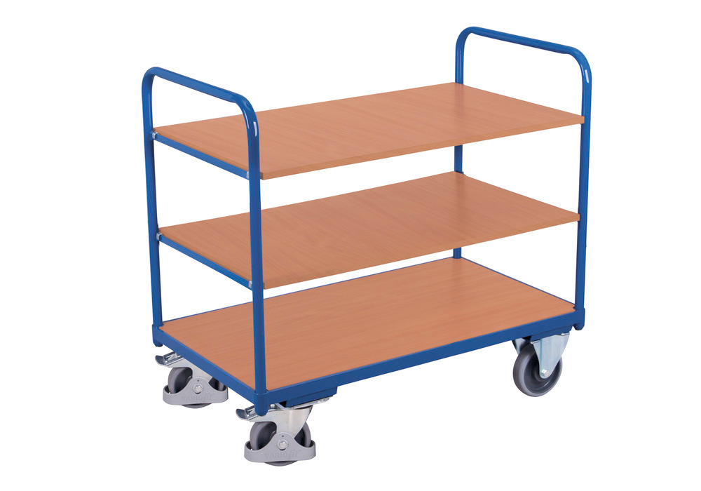 Steel transport trolley, 3 shelves, powder coated, TPE castors, EasySTOP, 1000 x 600 mm