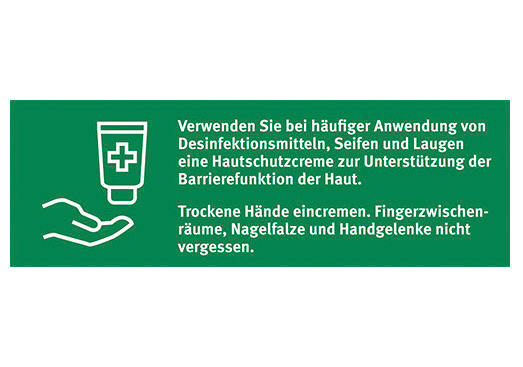 Schild "Hände eincremen nach Desinfektion", Folie 150 x 50 mm, einfarbig grün