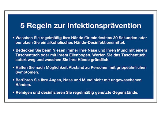 Aushang "5 Regeln zur Infektionsprävention", Folie, 200 x 120 mm, blau