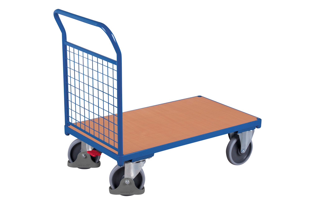 Panelled trolley in steel, with mesh wall, powder coated, TPE castors, EasySTOP, 880 x 500 mm