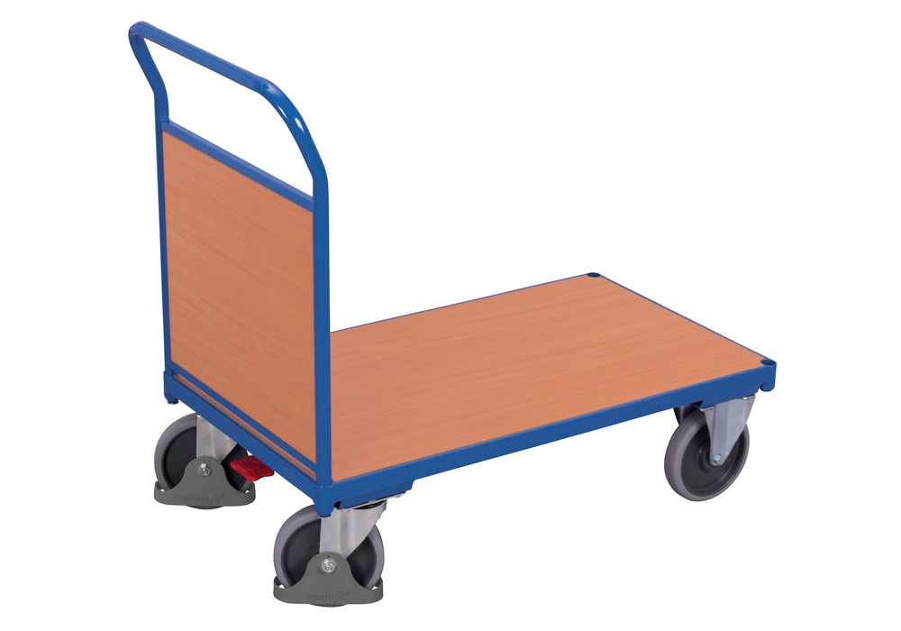 Prepravný vozík z ocele, s drevenou čelnou stenou, lakovaný, TPE kolieska, EasySTOP, 1230x800 mm