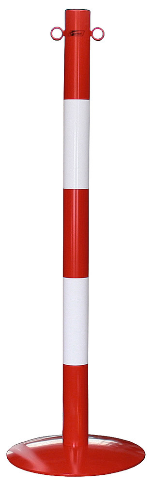 Poteau de délimitation / support de chaîne, sur socle plat et bombé, blanc, avec 2 bandes rouges
