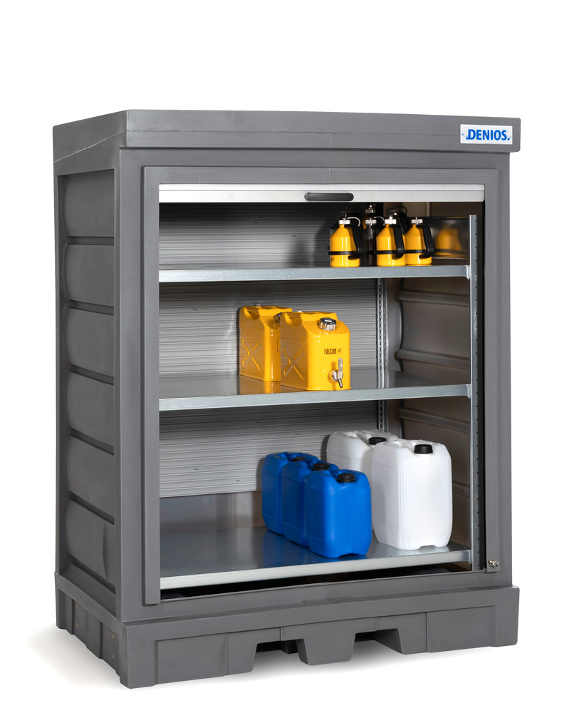 PolySafe hazardous materials depot D, with roller shutter and steel shelf for small containers