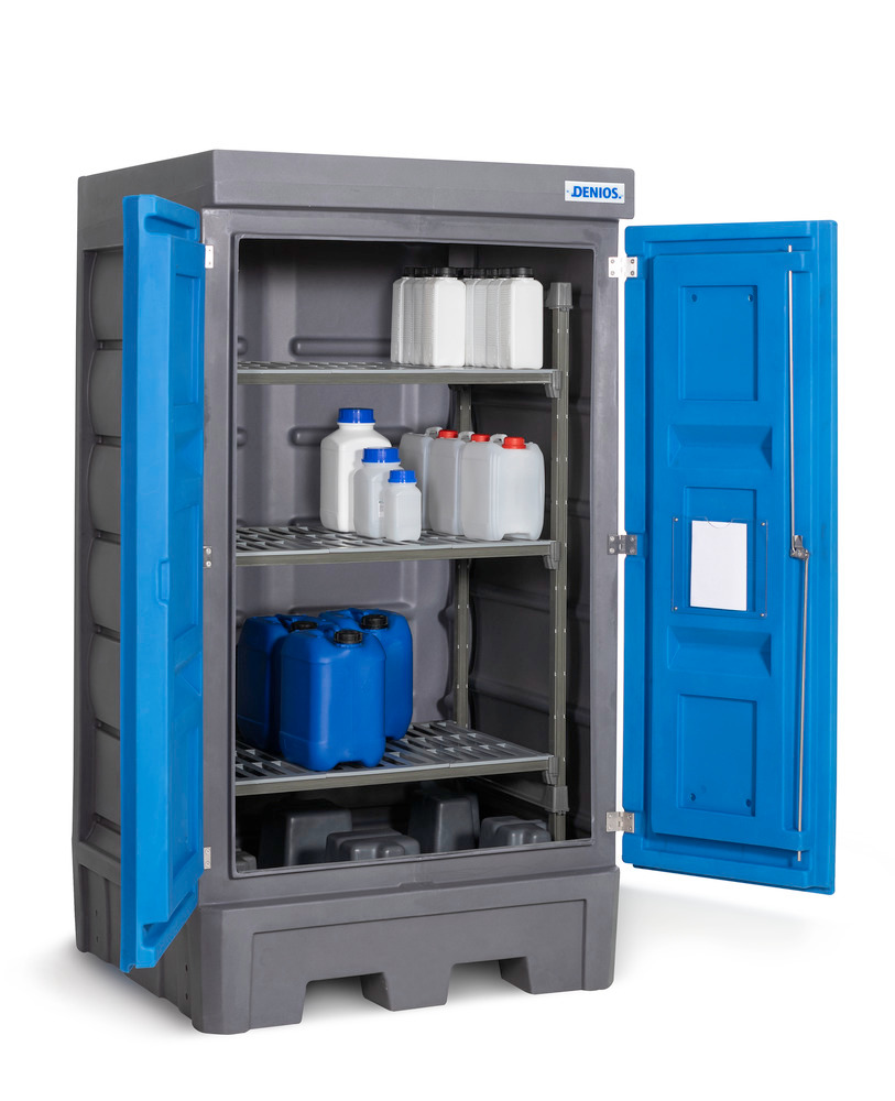 Depósito PolySafe D1, con puertas y estantería de plástico para recipientes pequeños
