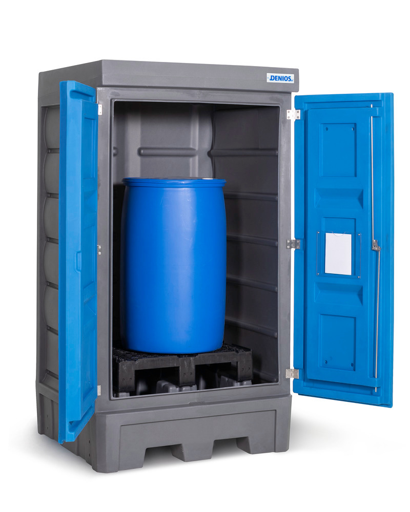 Depósito para productos químicos PolySafe D1 con puertas, para almacenar 1 bidón de hasta 200 litros