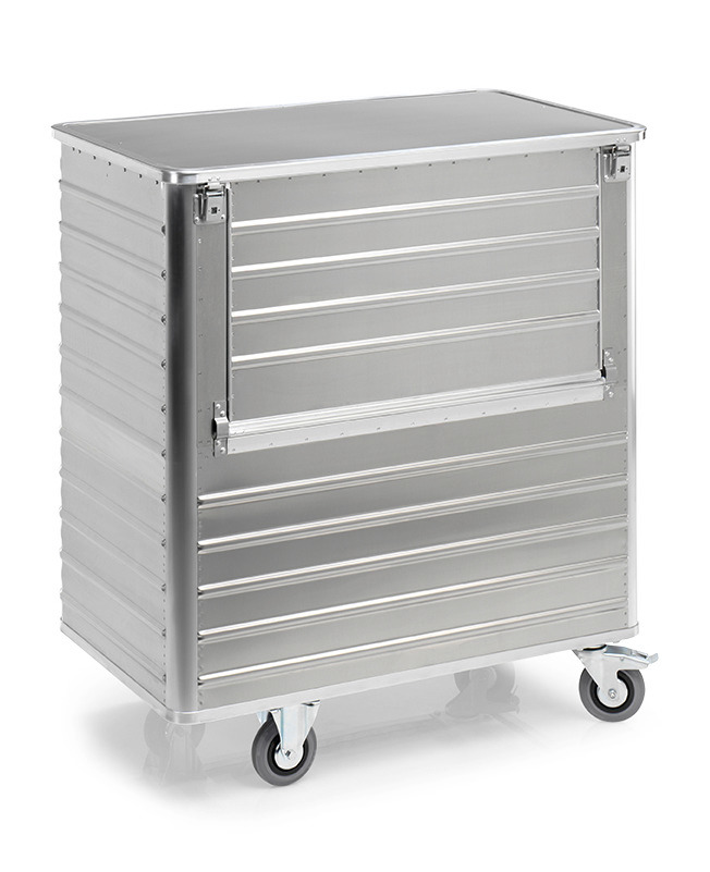 Transport container TW 1050-B, with lid, fold-down flap, 2 swivel and 2 fixed wheels, 1050 litres